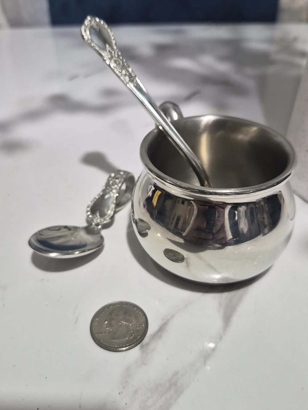 Vintage Web Pewter 1172 Polished Baby Cup and 2 Spoons .